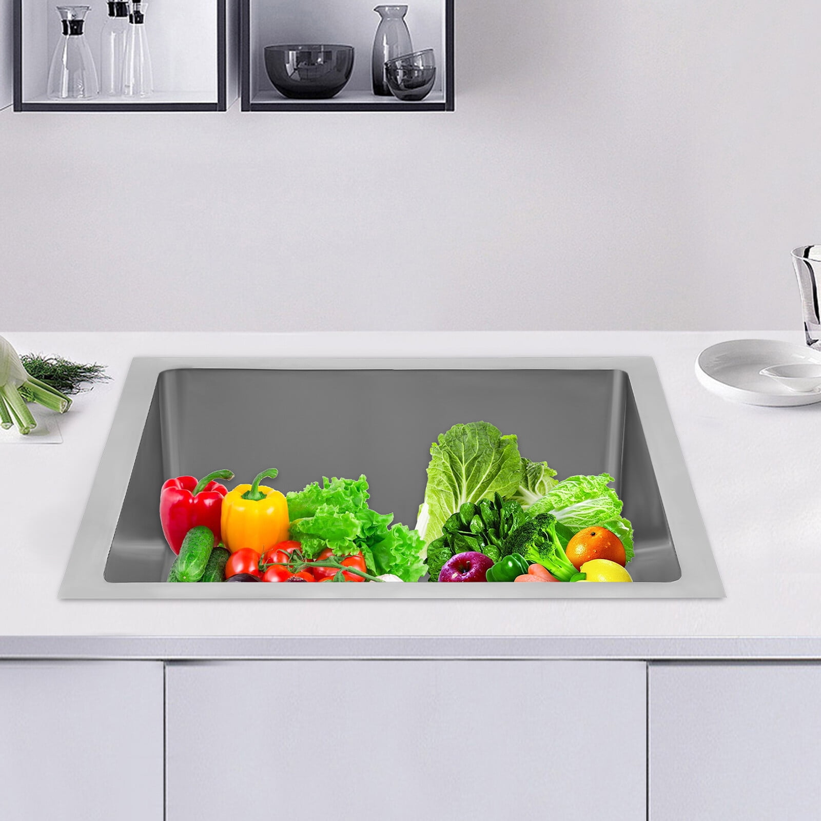 24x24x13 Inch Commercial Sink, 304 Stainless Steel Sink, Extra Deep Basin, Round Slope Drain with Strainer Basket, No Backsplash, for Cleaning Mops, Produce, Cookware