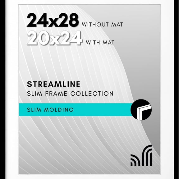 24x28 Picture Frame with Polished Plexiglass - Use as 20x24 Frame with Mat or Display 24x28 Photo Without Mat - Streamline Collection - Thin Border Picture Frames for Wall - Black