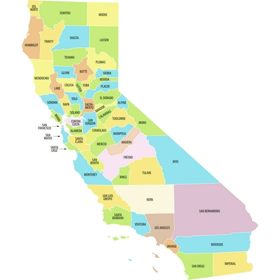 Wall Art Impressions Coated Paper California County Map Poster, 24" x 28"