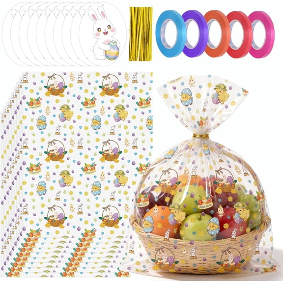 24x30 Inch Easter Cellophane Bags with Bunny Tags & Ribbon Ties, 10-Pack of 2 Mil Thick, OPP Gift for Basket Wrapping, Party Favors, Packaging Holiday Storage