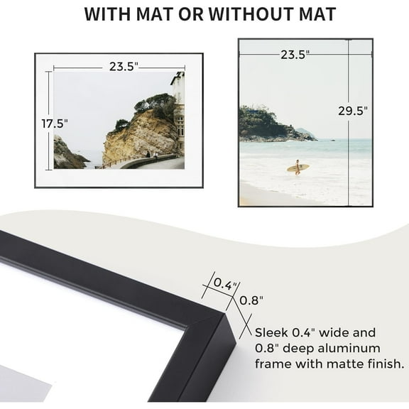 24x30 Metal Picture Frame with 18x24 Mat, Brushed Aluminum Finish, Tempered Glass Front, and Attached Hanging Hardware