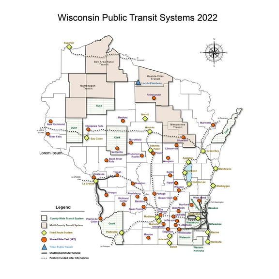 24x30in Wisconsin Public Transit Systems Map 2022 【Coated Paper】