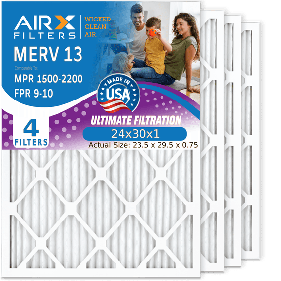 24x30x1 Air Filter MERV 13 Comparable to MPR 1500 - 2200 & FPR 9 Electrostatic Pleated Air Conditioner Filter 4 Pack HVAC AC Premium USA Made 24x30x1 Furnace Filters by AIRX FILTERS WICKED CLEAN AIR.