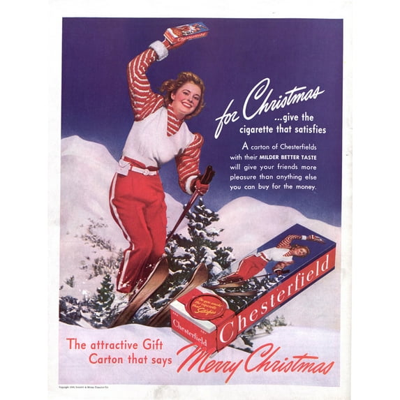 24x31in Coated Paper Chesterfield Carton Christmas Vintage Ad 1940
