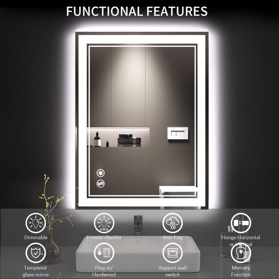 24x32"/40x40" Anti-Fog LED Smart Bathroom Mirror, Dimmable 3-Color Lights, Touch Sensor & Wall Switch, Memory Function, Tempered Glass Horizontal/Vertical Wall-Mounted