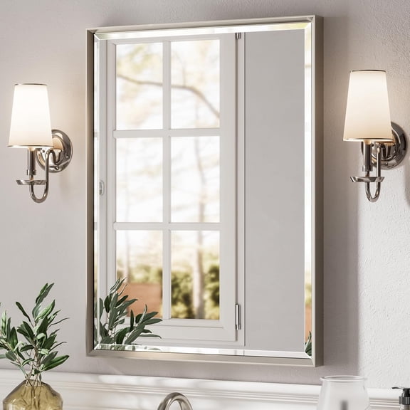 24x32" Brushed Nickel Beveled Bathroom Mirror, Anti-Rust Metal Frame Wall Vanity Mirror, Vertical/Horizontal Mount, Shatter-Resistant