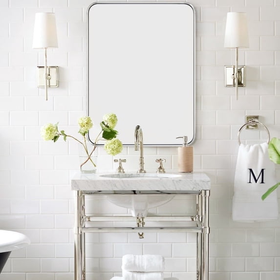 24x32'' Chrome Mirrors for Bathroom, Chrome Bathroom Vanity Mirror, Rounded Rectangle Mirror, Stainless Steel Anti-Rust Tube Metal Frame Wall Mounted Mirror, Vertically/Horizontal Hanging