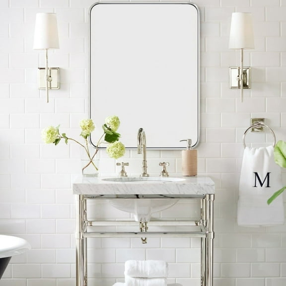 24x32'' Chrome Mirrors for Bathroom, Chrome Bathroom Vanity Mirror, Rounded Rectangle Mirror, Stainless Steel Anti-Rust Tube Metal Frame Wall Mounted Mirror, Vertically/Horizontal Hanging