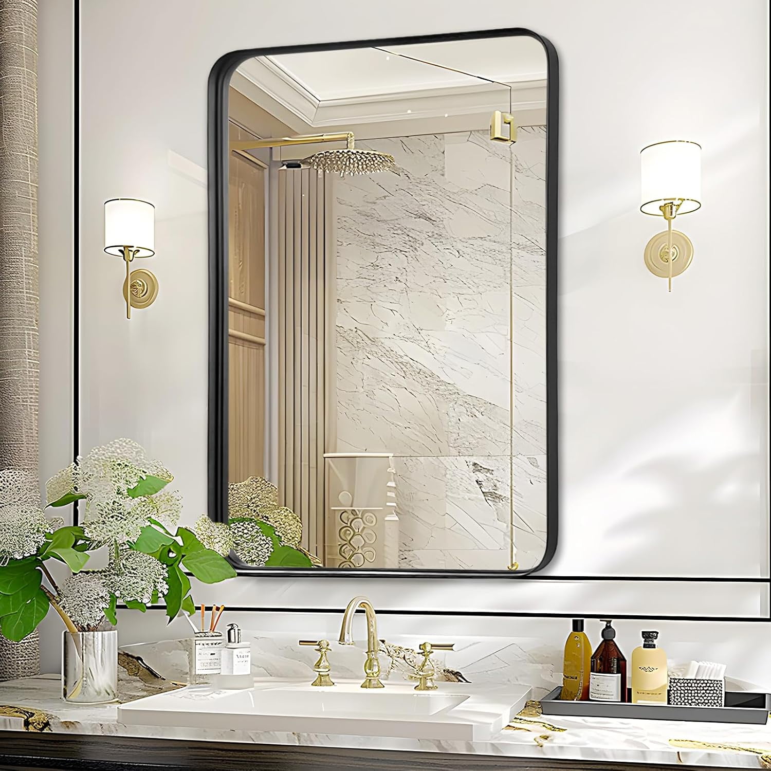 24x32 Inch Black Framed Rectangle Bathroom Vanity Mirror - Wall Mounted ...