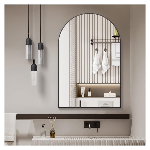 24x32 Inch Black Metal Framed Arched Bathrrom Mirror for Wall.(W2203P220253)