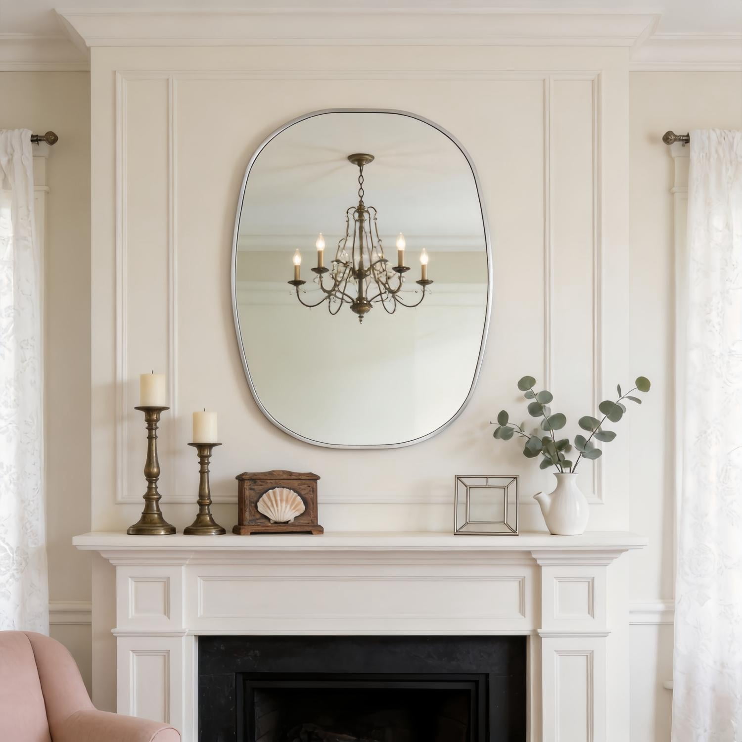 24x32-Inch Oval Bathroom Mirror with Silver Metal Frame, Modern Vanity Mirror and Wall Mounted Dressing Mirror for Bathroom, Silver