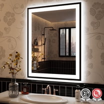 24x32 Inch Rectangular Framed LED Anti-Fog Wall Bathroom Vanity Mirror in Black with Backlit and Front Light