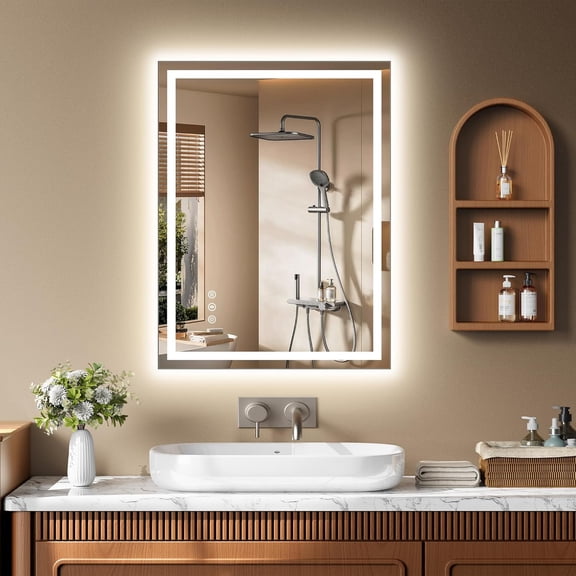 24x32 LED Bathroom Mirror Anti-Fog Dimmable Front&Backlit 3 Color Temp | Tempered Glass With Tri-Color Led, Anti-Fog Heating Tech, Touch Sensor, Waterproof Wall-Mounted For Vanity Makeup Shaving