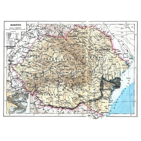 24x32in Coated Paper Map Romania Photographic Print Poster Romania Mare Map