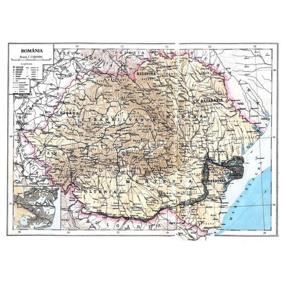 24x32in Laminated Map Romania Photographic Print Poster Romania Mare Map