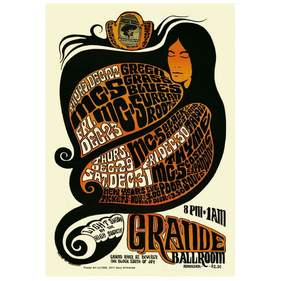 24x33in Poster MC5, Green Grass Blues Band, Urban Roots, Black and Blues Band 1966 Grande Ballroom Rock and Roll poster