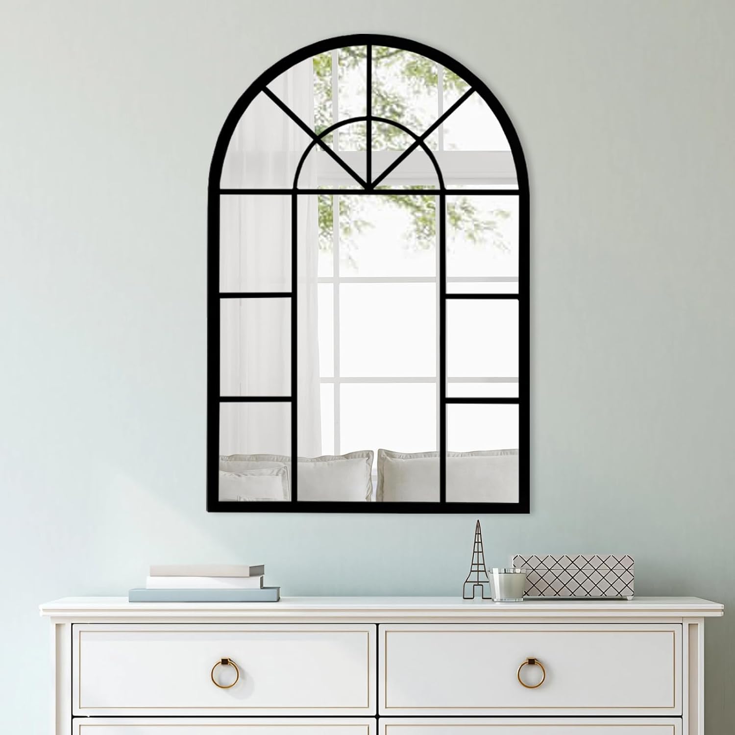 24x36 Arched Window Mirror, Modern Windowpane Wall Mirror with Metal