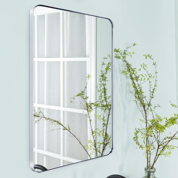 24x36'' Chrome Rounded Rectangle Bathroom Mirror Polished Silver 36 x 24 inch Metal Framed Rectangular Vanity Mirror