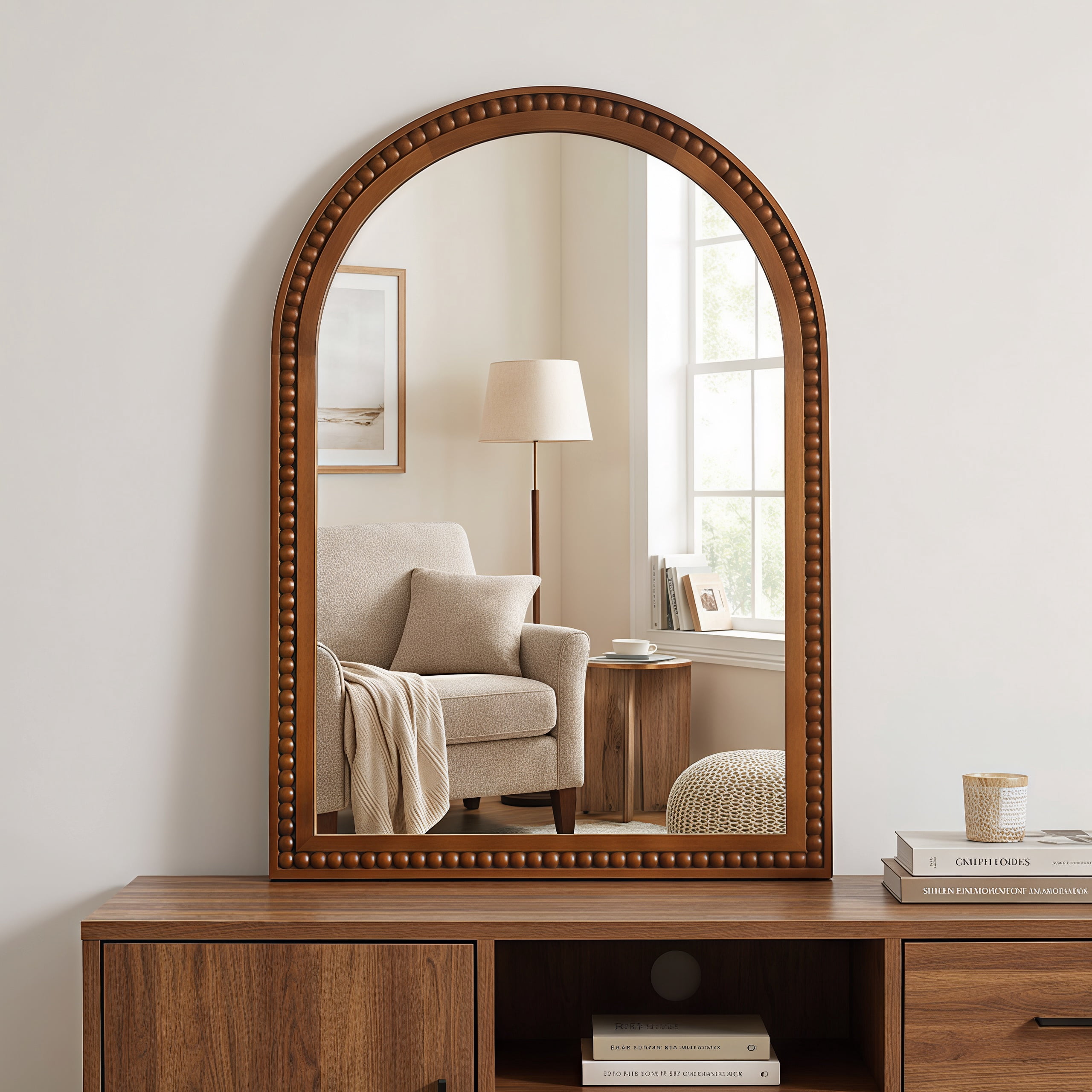 24x36 Inch Arch Wall Mirror With Beaded Solid Wood Frame, Rustic Farmhouse Decor Mirror for Entryway, Bathroom & Living Room, Dark Walnut Color