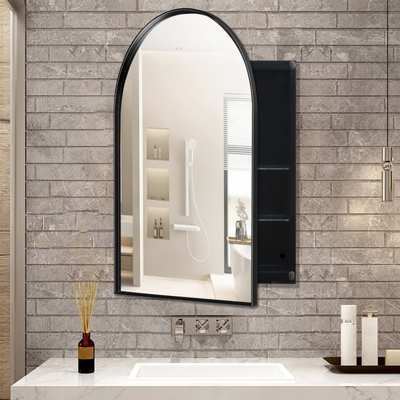 24x36 Inch Arched Recessed Cabinet For Bathroom, Matte Black Metal Frame With Mirror And Adjustable Shelves, Design Framed Bathroom Storage Cabinet, Recessed, Shelf Feature