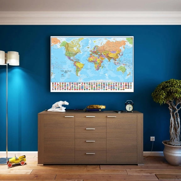 24x36 Inch Flags of the World Map - Wipe-Clean Fabric Poster for Homeschooling & Family Game Nights