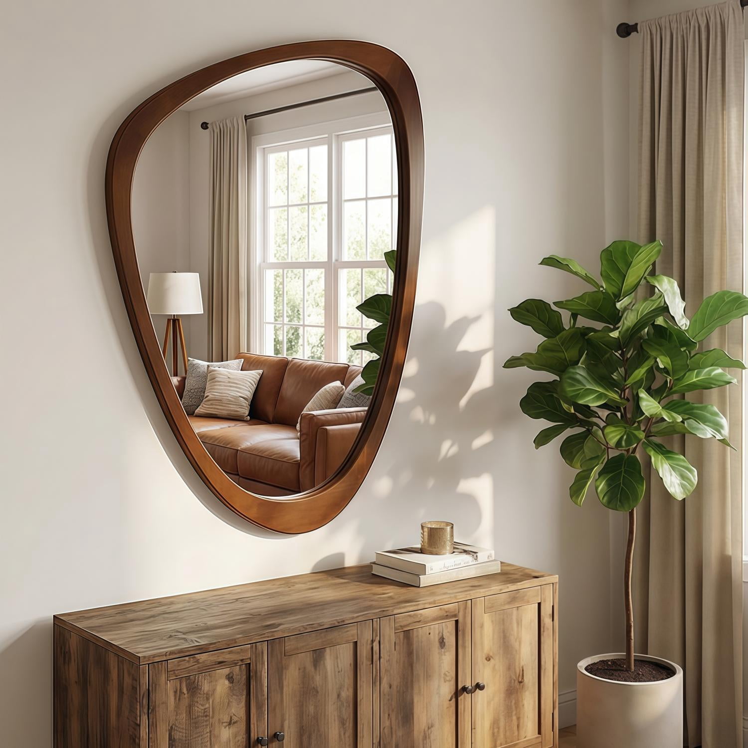24x36-Inch Irregular Solid Wood Frame Mirror, Decorative Wall Mirror and Vanity Mirror for Bedroom Bathroom Living Room Entryway, Black Walnut