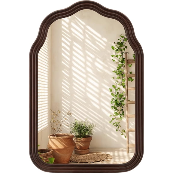 24x36 Inch Wavy Arch Bathroom Mirror for Wall | Black Walnut Solid  Framed , Tempered Glass, Rustic Wall Decor, 2 Pre-Installed D-Ring Hooks