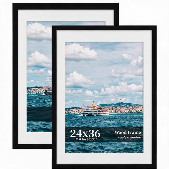 24x36 Inch Wood Picture Frame Set of 2 with Real Glass and Wide Border Matte Black