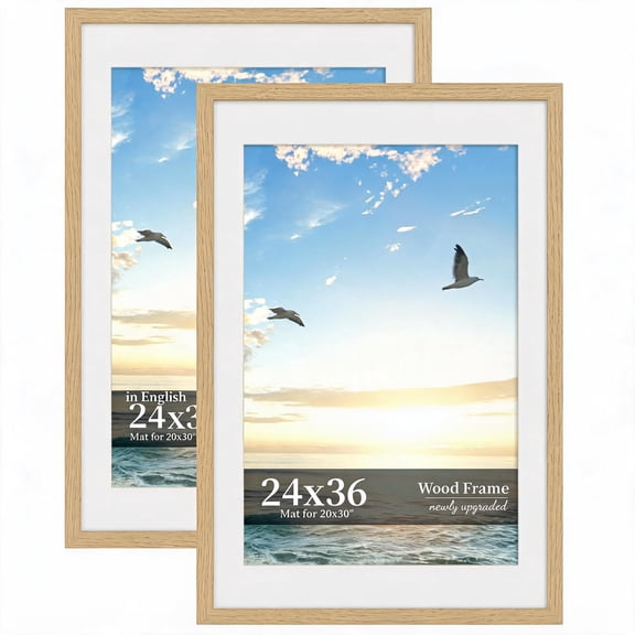 24x36 Inch Wood Picture Frame Set of 2 with Real Glass and Wide Border in Natural Oak
