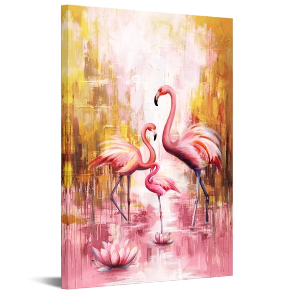 24x36 Inches Canvas Wall Art Painting Chinese Lotus and Pink Crowned Cranes Asian Home Decorative Artwork Prints