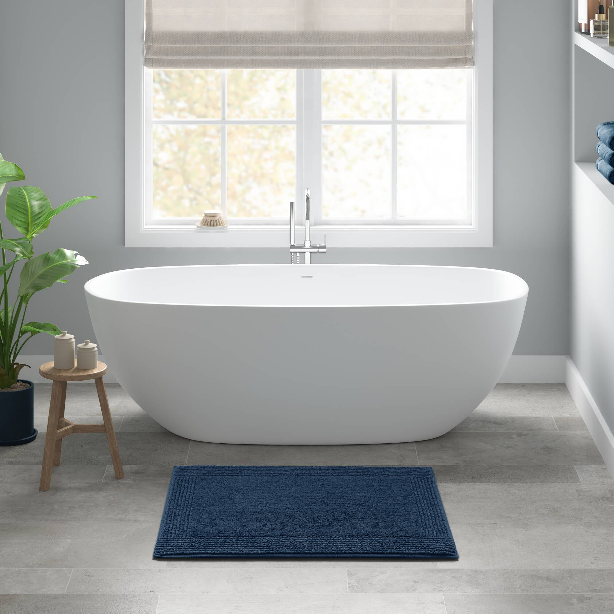 24x36 Inches Reversible Bath Rug, 100% Cotton 3000 GSM Tufted Bath Mat, Navy Luxury Soft Plush Bathroom Rug for Bathroom Shower Floor Home Decor