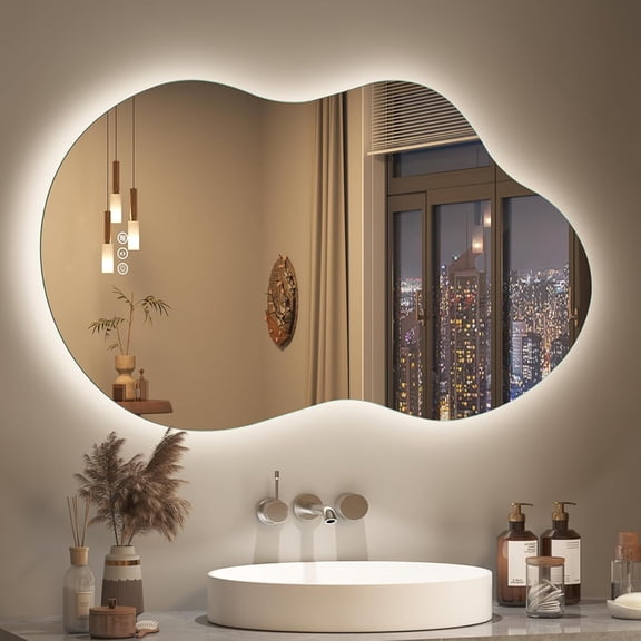 24x36 Irregular Backlit Led Lighted Bathroom Vanity Mirror | Asymmetrical, Cloud Shape, Anti-Fog, 3 Colors, Dimmable, Memory, Tempered Glass, UL