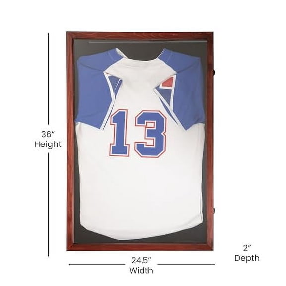 24x36 Jersey Display Case with Solid Pine Wood Frame, UV Treated Window, Velvet Backing Board, and Anti-Theft Lock in Mahogany