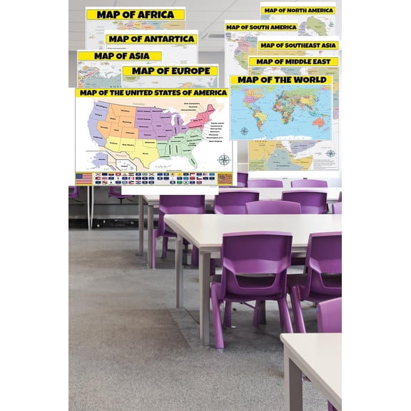 24x36 Map of the USA, Map of Europe, Map of Middle East , Map of Africa and more - Bundle Wall Maps - Pack of 10 Laminated Wall Map Poster Print - Vivid Imagery with Bright Colors