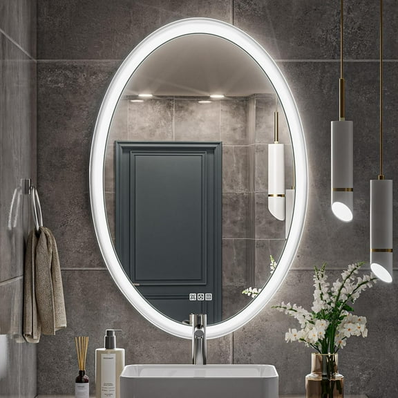 24x36 Oval LED Bathroom Mirror, Anti-Fog 3 Colors Dimmable Smart Lighted Bathroom Mirror, White Framed Oval Bathroom Vanity Mirror with Lights, Light Up Bathroom Vanity Mirror Wall-Mounted