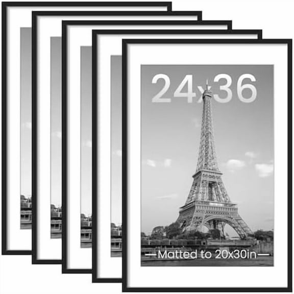 24x36 Picture Frame Set of 5, Display Pictures 20x30 with Mat or 24x36 Without, Wall Gallery Photo Frames, Black