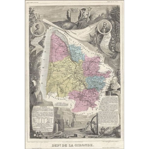 24x36 Poster 1861 Map of Bordeaux Wine Region, France (reproduction)