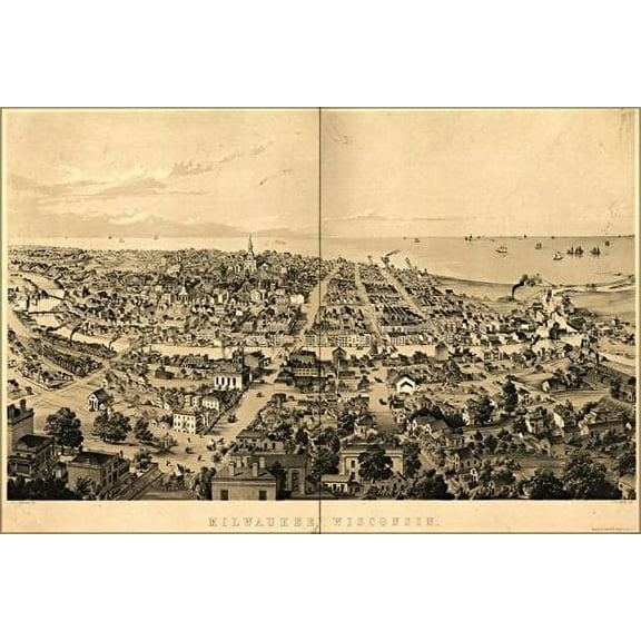 24x36 Poster . Bird'S-Eye View Map Of Milwaukee, Wisconsin In 1854