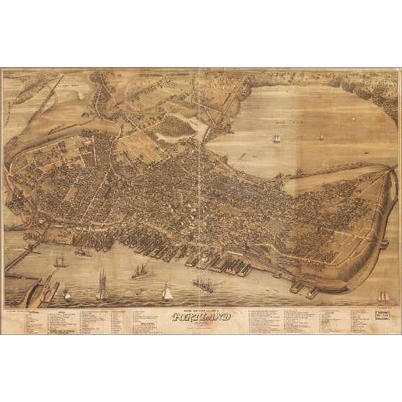 24x36 Poster; Birdseye View Map Of Portland, Maine 1876; Antique Reprint