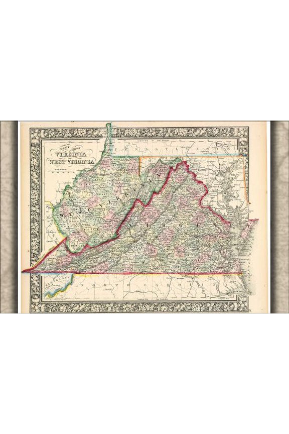 24x36 Poster; County Map Of Virginia And West Virginia 1863; Antique Reprint