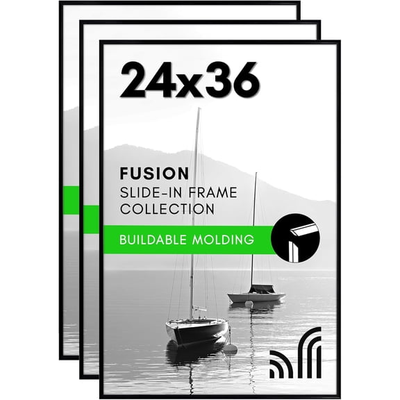 24x36 Poster Frame with Polished Front Cover - Set of 3 - Slide-In Photo Frame with Buildable Molding - Fusion Collection - Picture Frames for Wall Display - Black