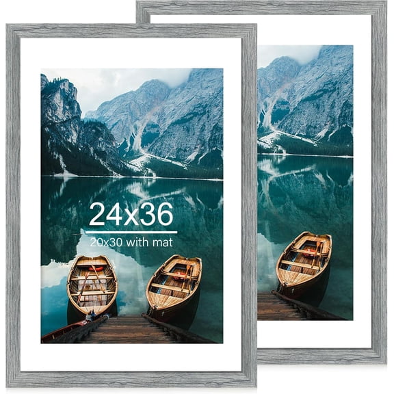 24x36 Poster Frame Set of 2, Rustic Grey Wood Style - Display 24 x 36 Poster without Mat or 20x30 Picture with Mat, Wall Mounting Horizontal and Vertical