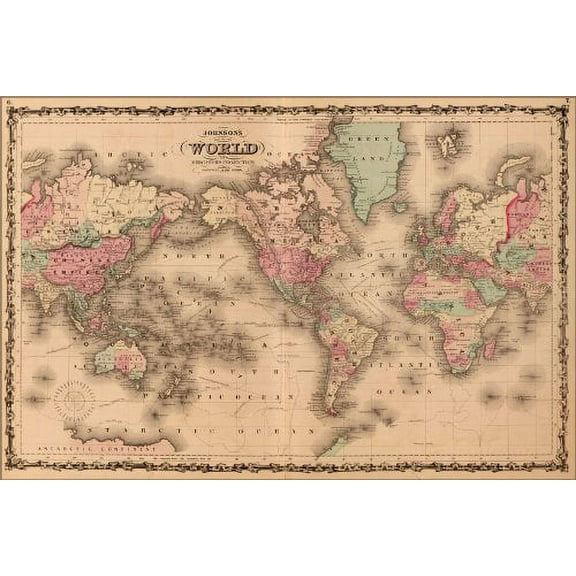 24x36 Poster; Johnsons World Map 1862 P2; Antique Reprint