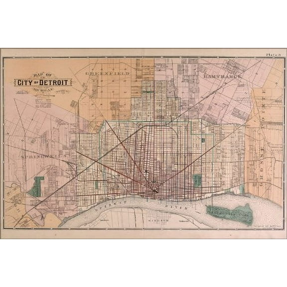 24x36 Poster; Map Of Detroit 1891; Antique Reprint