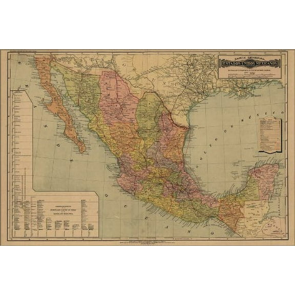 24x36 Poster; Map Of Mexico 1884; Antique Reprint