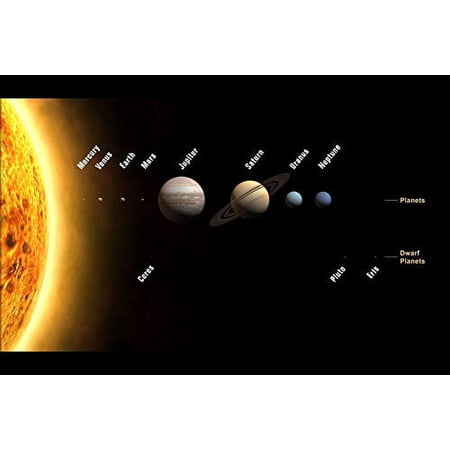 24x36 Poster; Solar System With Planets & Dwarf Planets Drawn To Scale