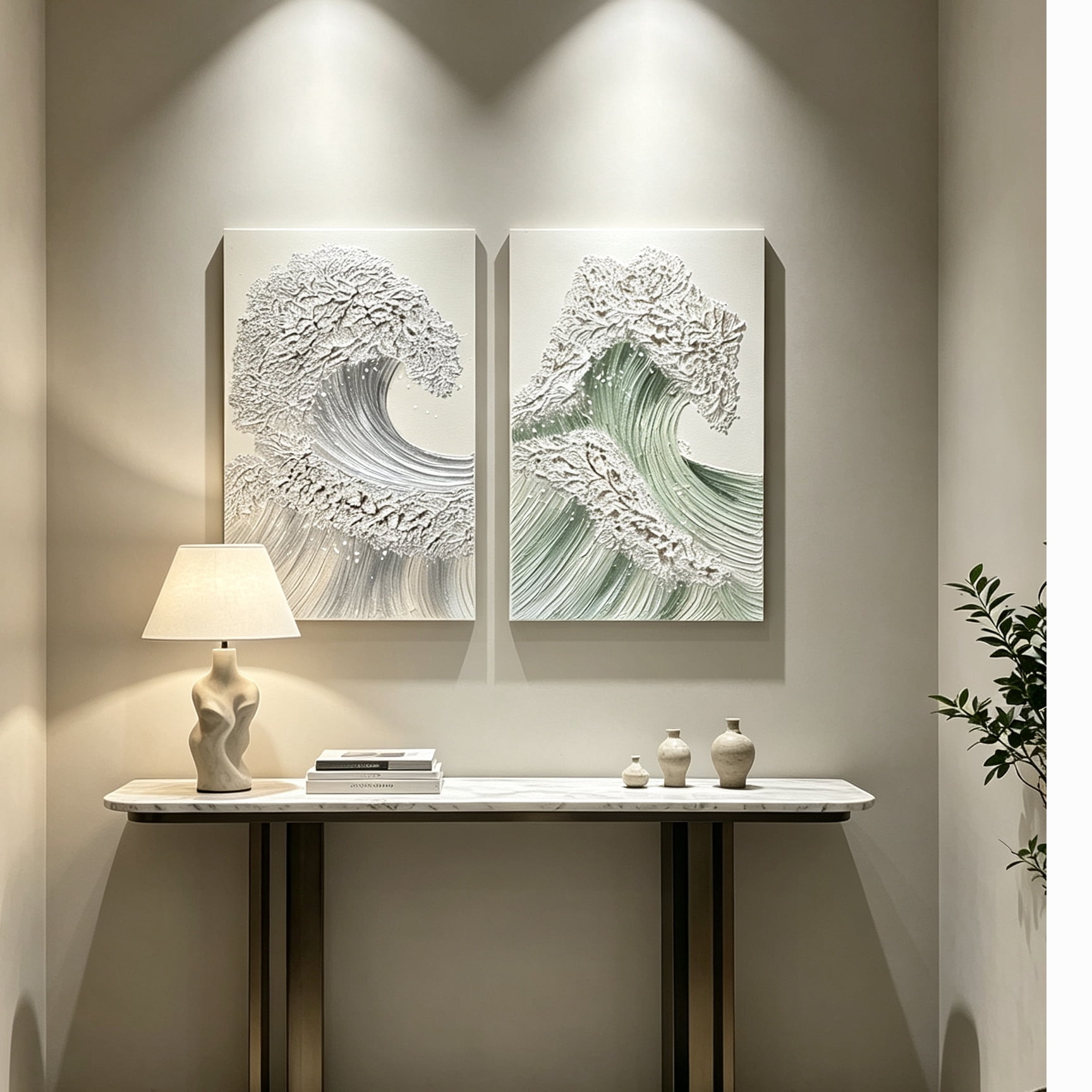 24x36 Set of 2 Ocean Wave Wall Art, Neutral Antique White & Sage Green ...