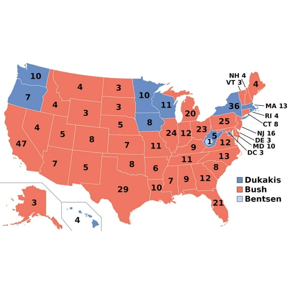 24x36 gallery poster, 1988 Presidential Election Results, President Bush Vs. Dukakis