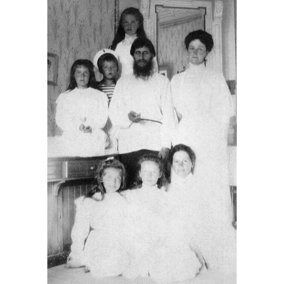 24x36 gallery poster, Alexandra Feodorovna with her children, Rasputin and the nurse Maria Ivanova Vishnyakova, 1908