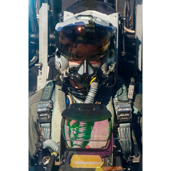 24x36 gallery poster, F-16 Fighting Falcon pilot with Joint Helmet Mounted Cueing System and cockpit head-up display